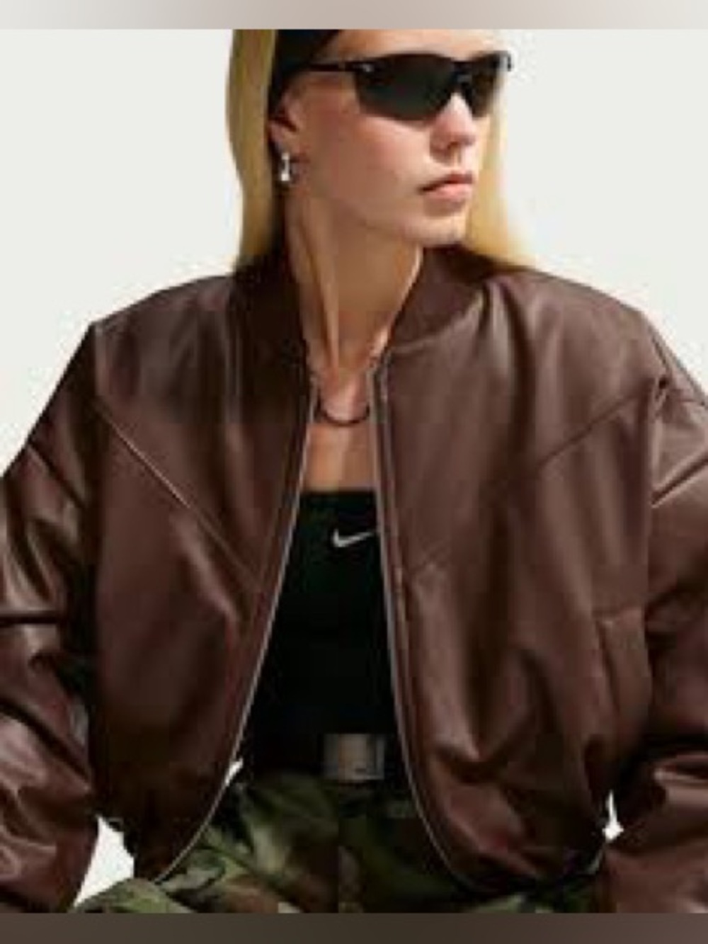 Nike woman’s size medium therma fit Brown Faux Leather Bomber Jacket with check - Picture 2 of 9